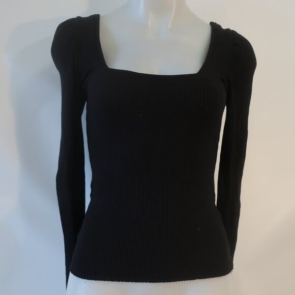 Womens The Range (Item- 120) Black Ribbed Square Neck Puff Sleeve Blouse Top S - Picture 2 of 8